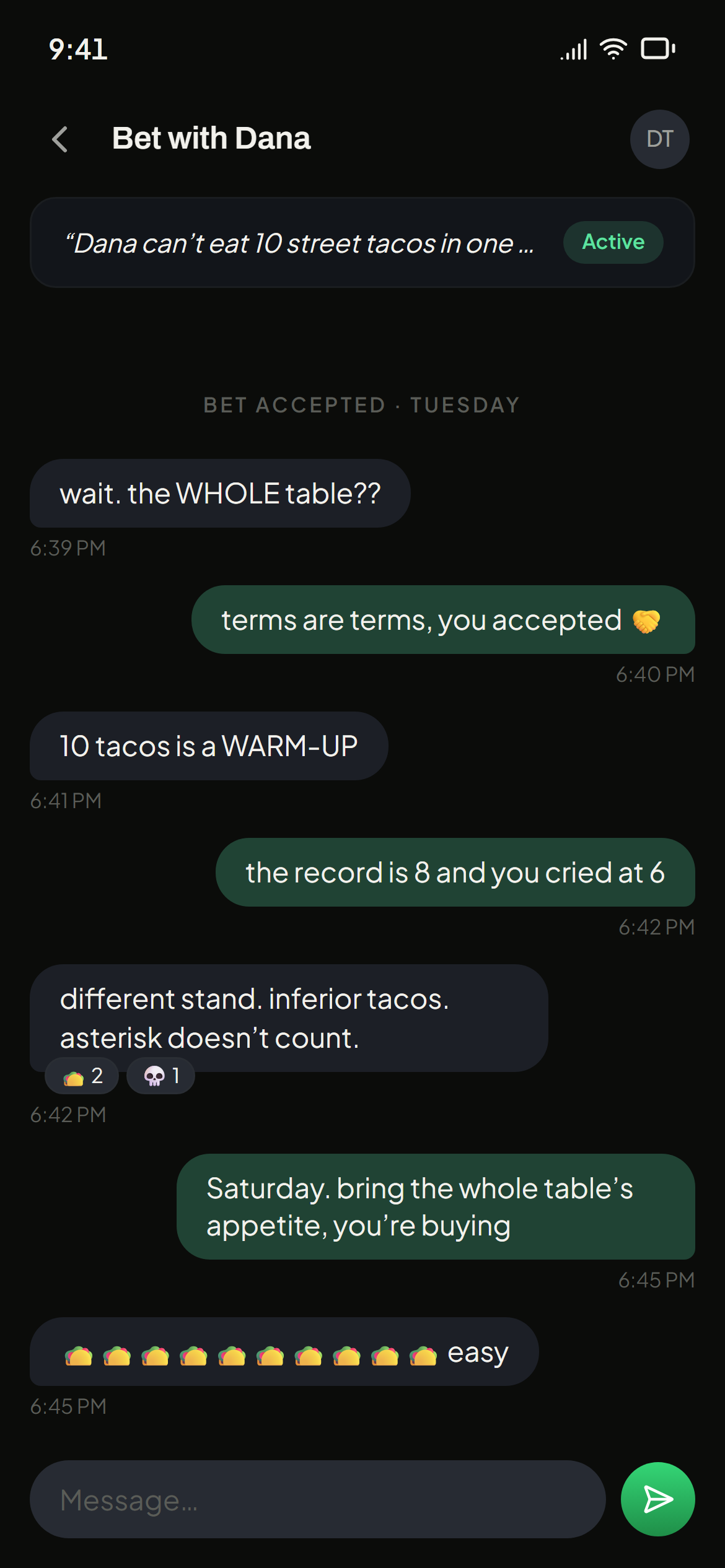 Trash talk in a bet's chat thread