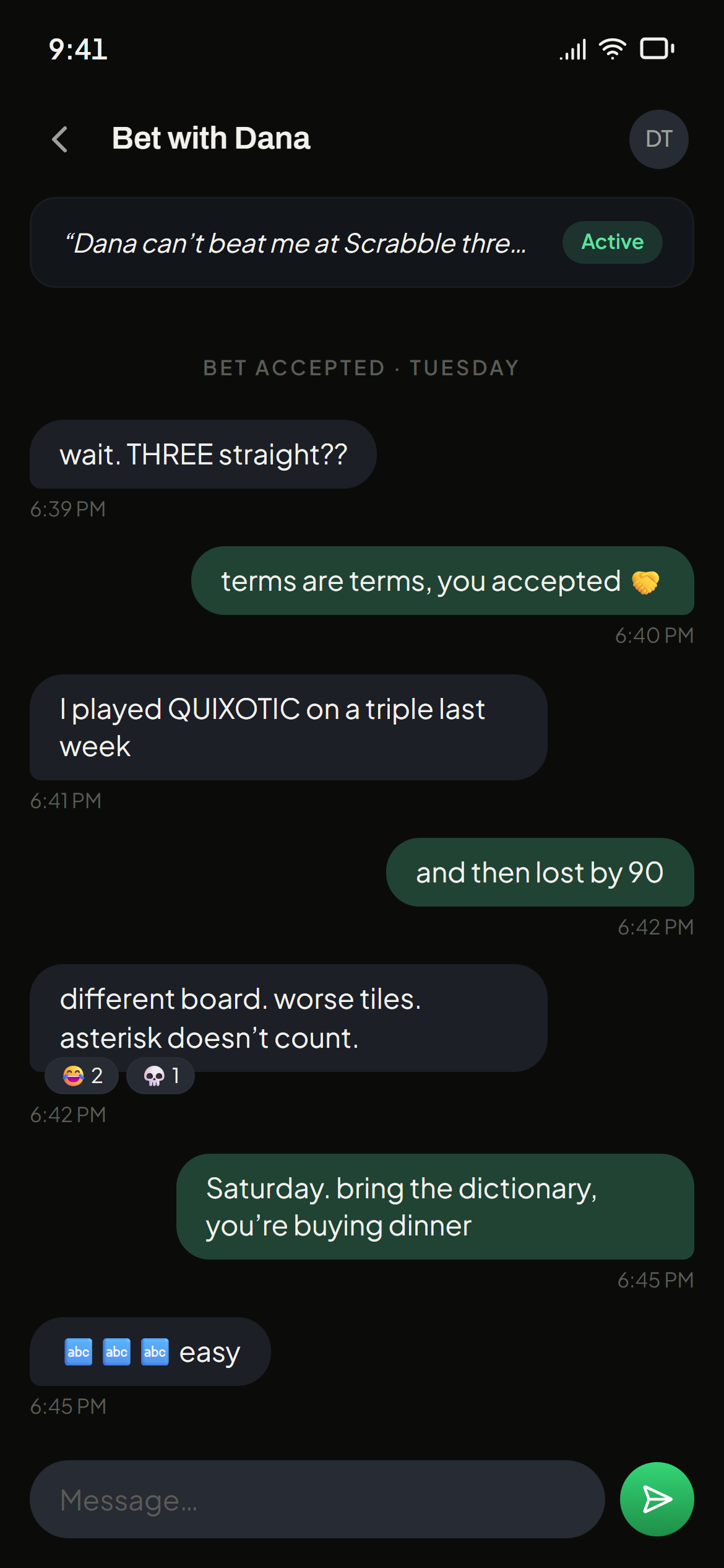 Trash talk in a bet's chat thread