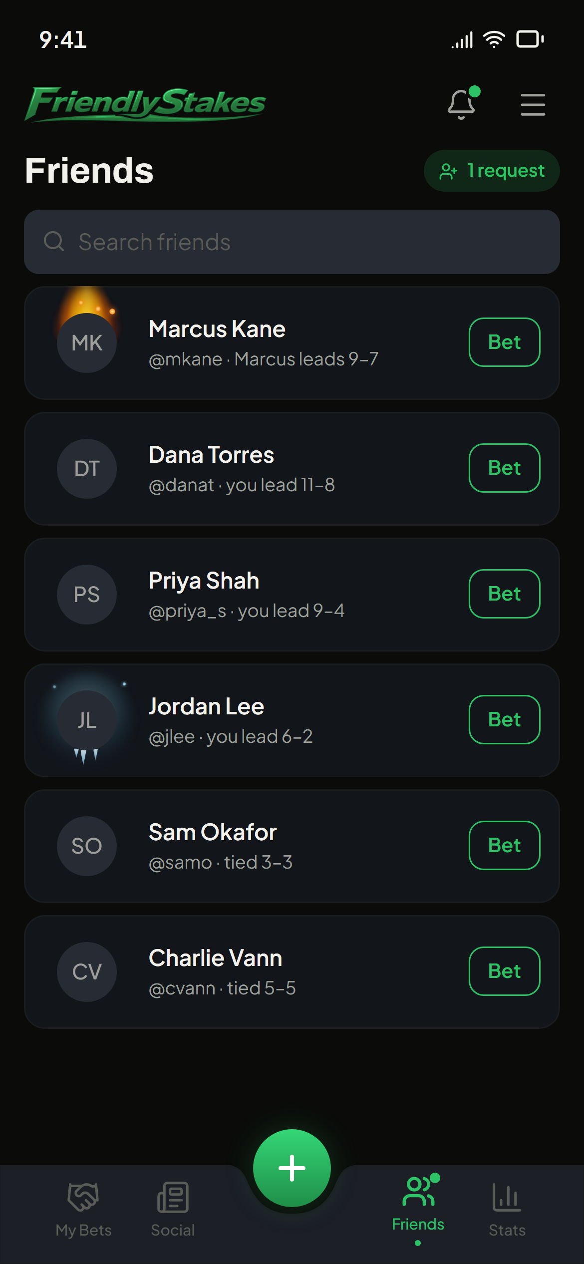 The friends list with head-to-head records