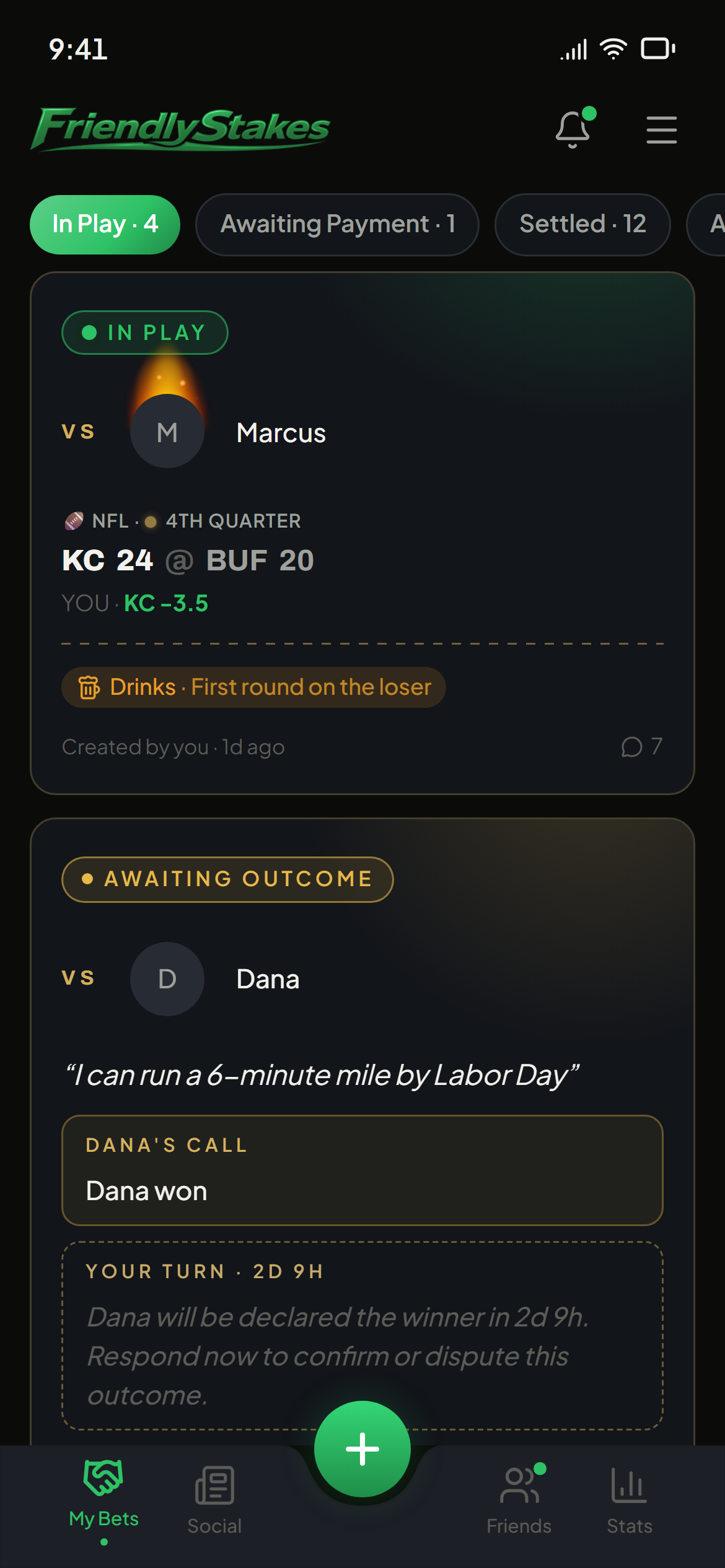 Friendly Stakes home feed showing bets in several statuses