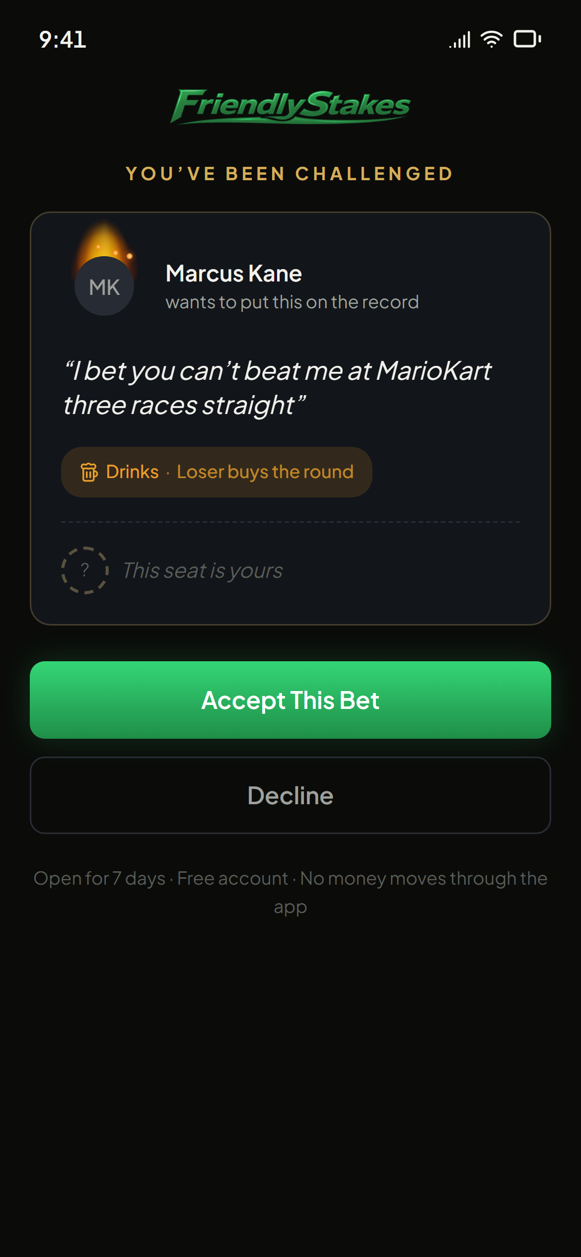 The public bet invitation page a friend sees before signing up