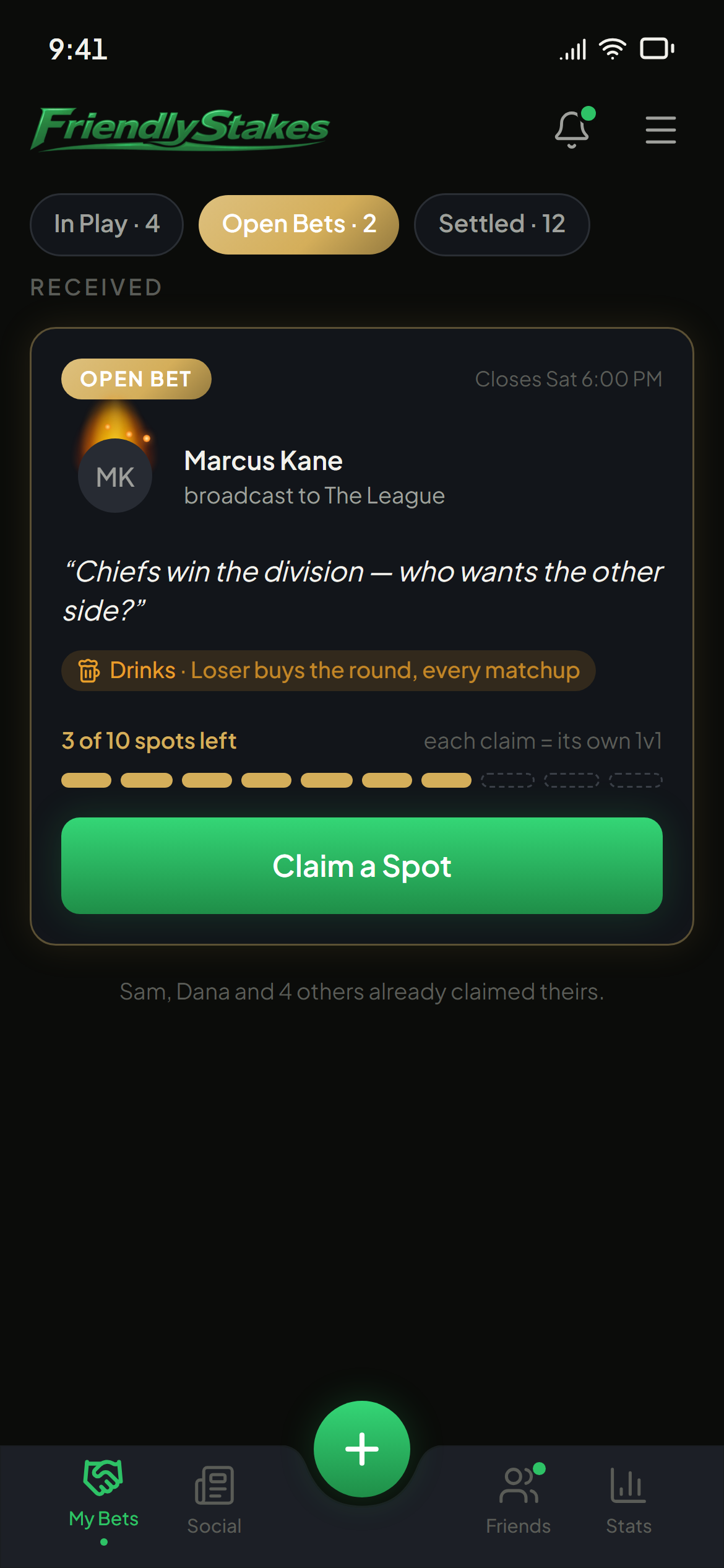 A group bet broadcast with open claim slots