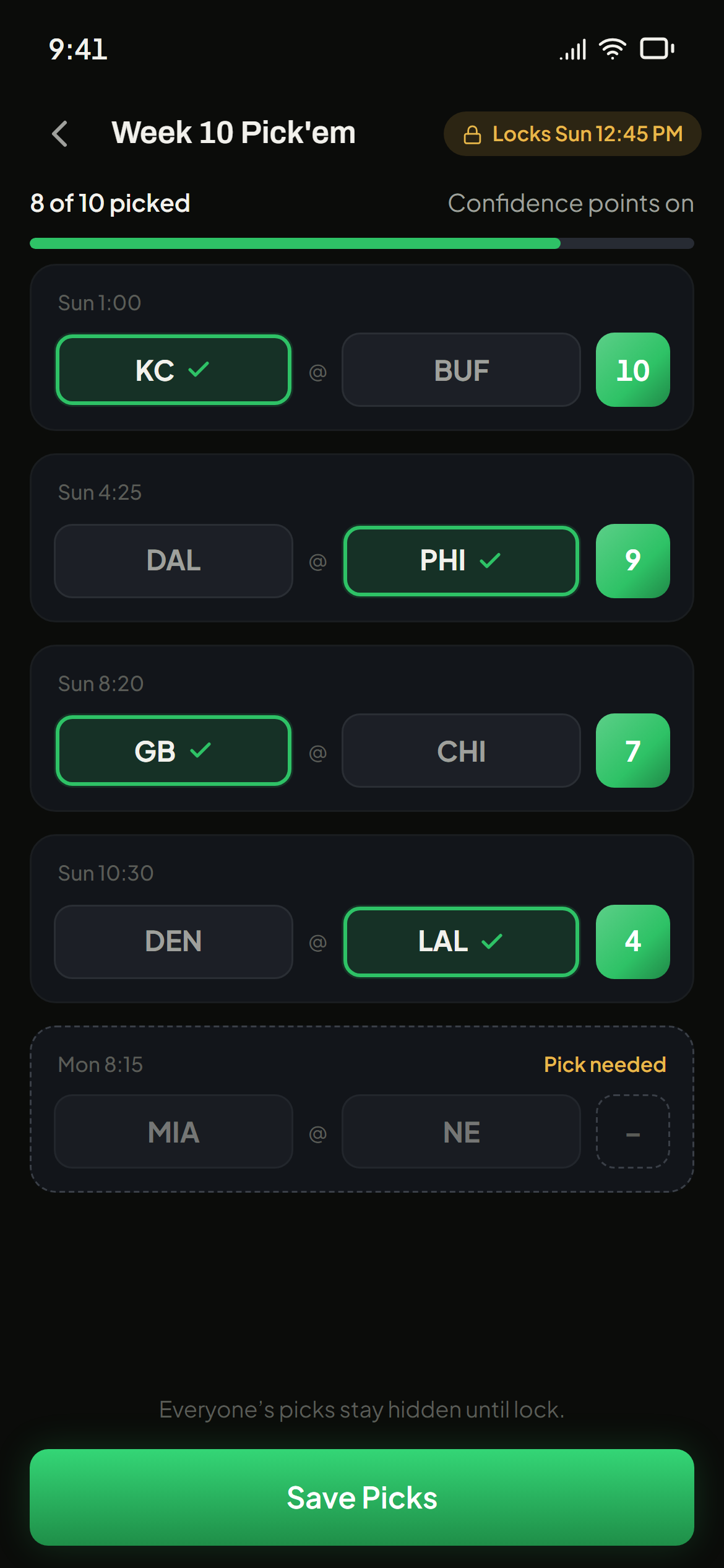 Making picks with confidence points in a group pool