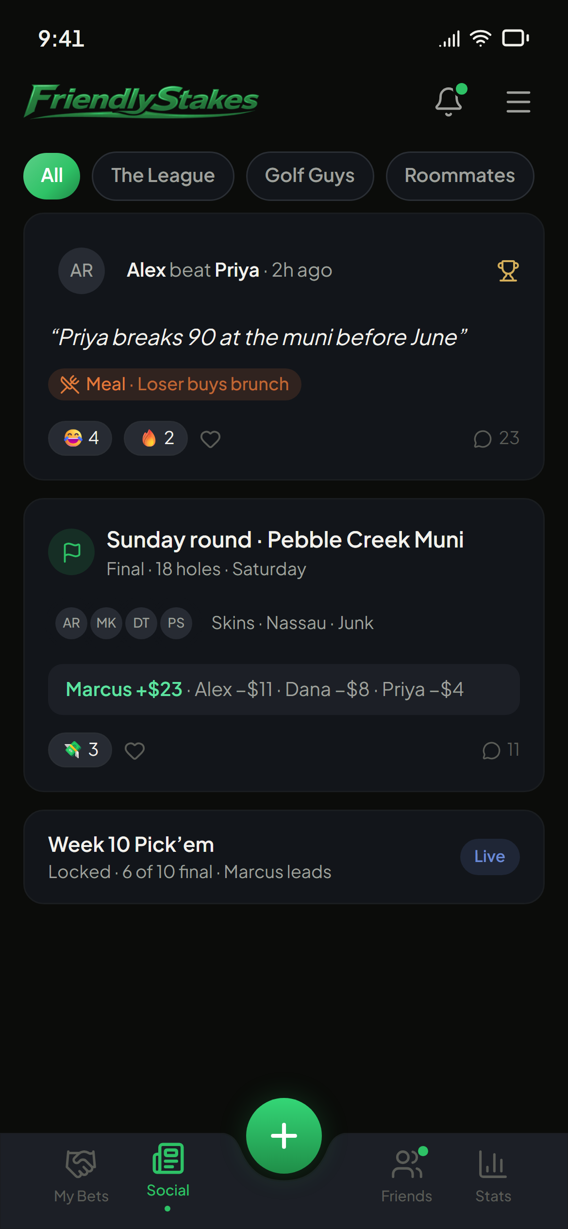 The social feed with bets, golf, comments and reactions