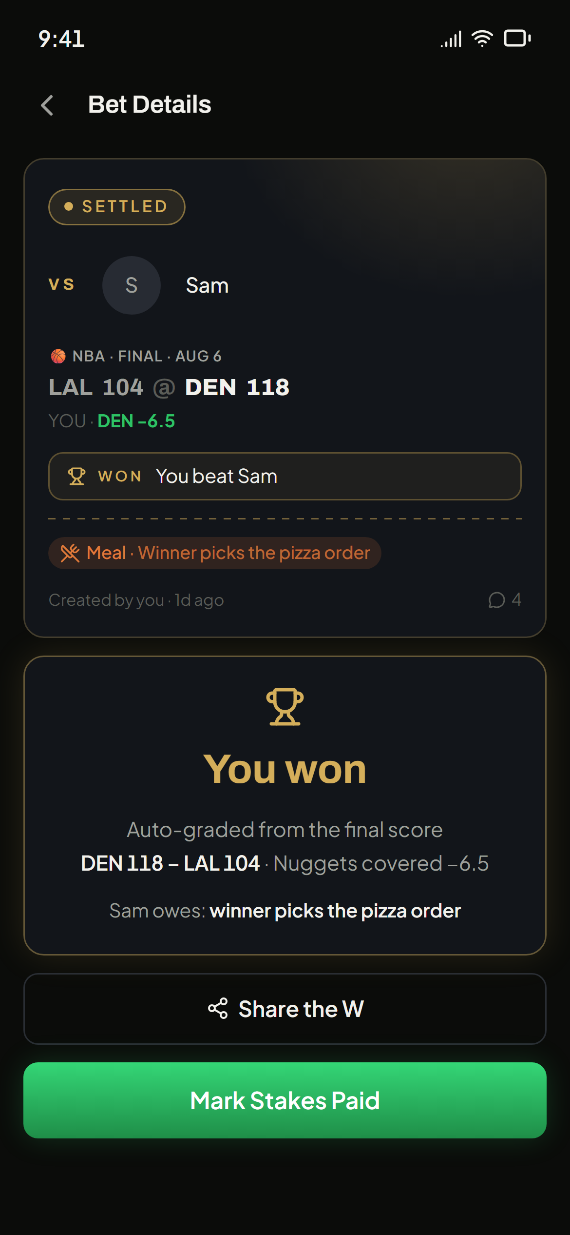 A sports bet auto-graded from the final score