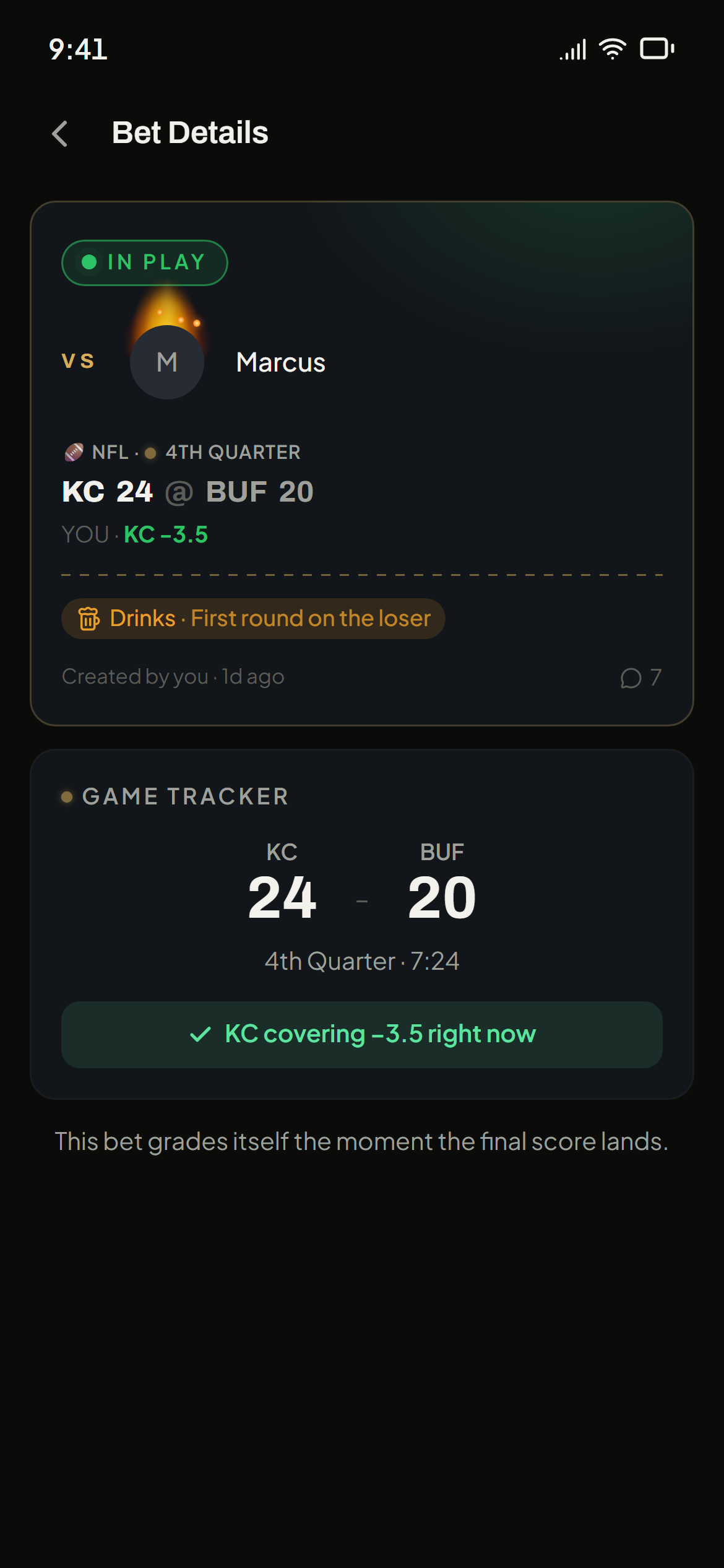 An active sports bet with a live score updating during the game